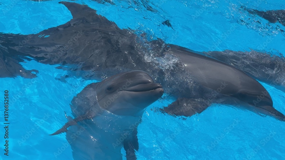 Fototapeta premium Dolphins swimming in a pool with clear turquoise water
