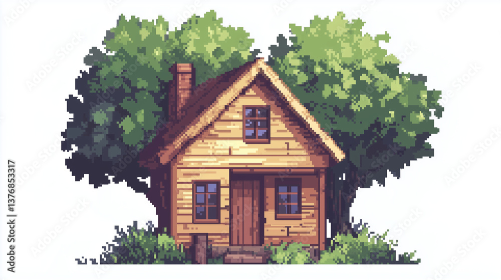 A small house in 8-bit pixel medieval art style isolated on a white background. A small house in 8-bit pixel medieval art style isolated on a white background.