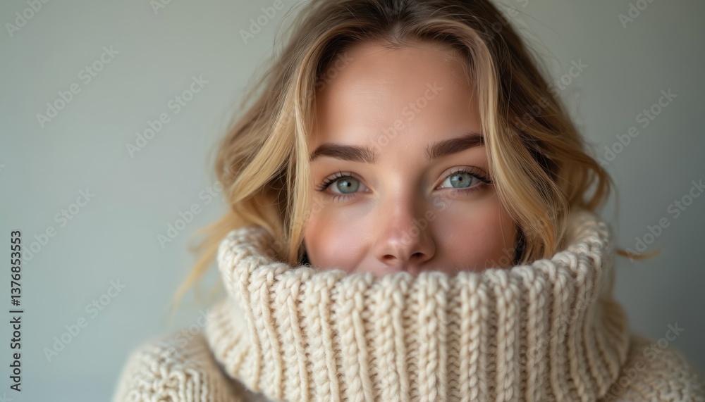 Naklejka premium Close-up portrait of young woman face with blue eyes. Beautiful blond hair. She wears warm, cozy beige sweater. Winter fashion, warmth, comfortable, stylish look.