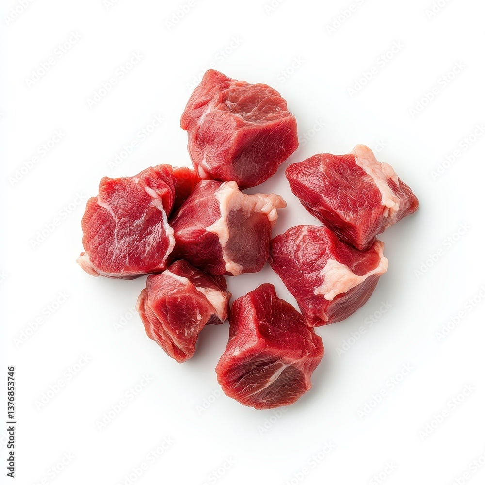 Fototapeta premium Tender goat meat, expertly cut and displayed against a clean white backdrop, perfect for culinary inspiration.