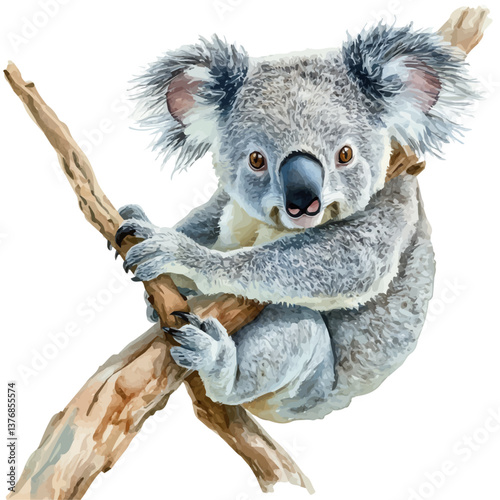 A watercolor of a koala, isolated on a white background. Koala vector.

