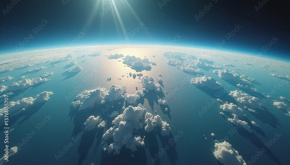 Fototapeta premium Earth from Space with Sunlight Reflecting Off Clouds, Spectacular aerial view 