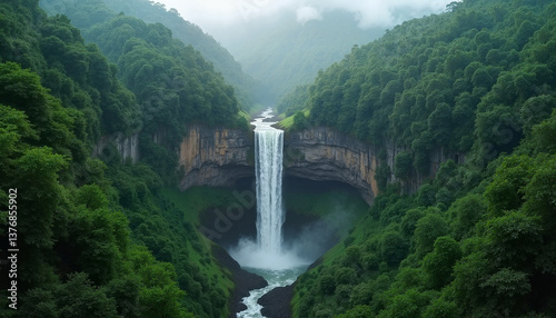 Majestic waterfall cascading through lush green forest, Spectacular aerial view  