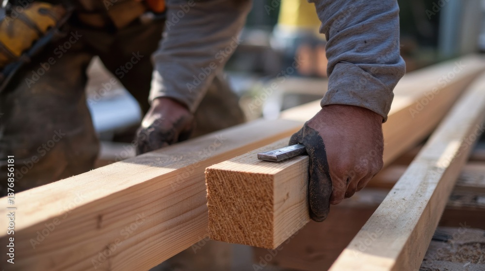 A construction worker securing wooden beams for the building's structure. Featuring coordination and precision A construction worker securing wooden beams for the building's structure. Featuring coordination and precision