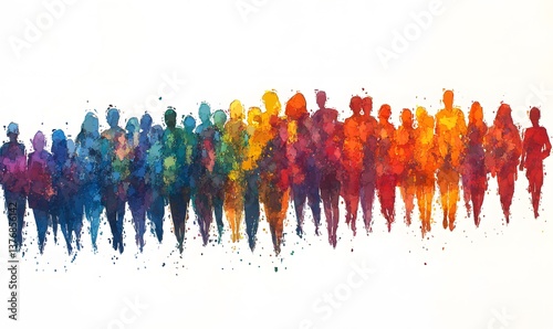 A large group of people standing in an arrow shape, in a clip art style with a white background The crowd is diverse and dressed in colorful,


