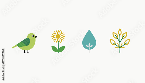 Colorful Bird and Flowers Illustrations on Light Background  