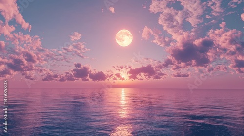 Horizon, clouds and full moon by ocean with sunset for peace