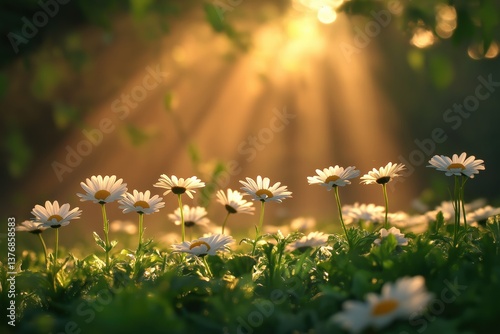 Sunlit daisies blooming in a tranquil garden setting  