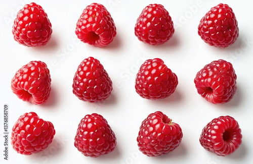 Fresh ripe red raspberries arranged on white background. Delicious juicy berries closeup for healthy diet. Vitamin-rich summer fruits ideal for food, health, vegan, vegetarian, dessert, juice