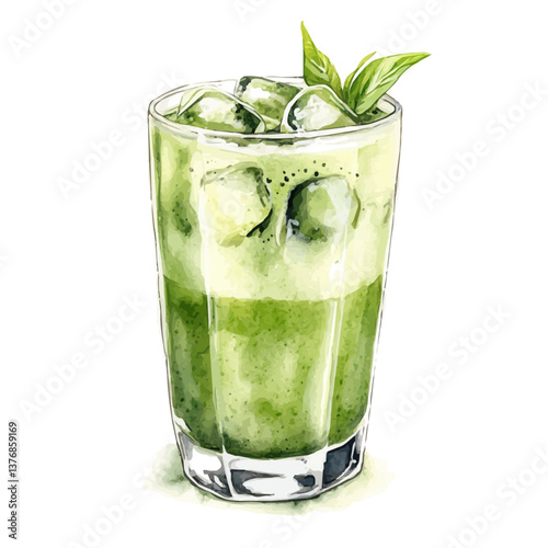 A watercolor of an ice blended matcha latte, isolated on a white background. Ice Blended Matcha Latte vector.

