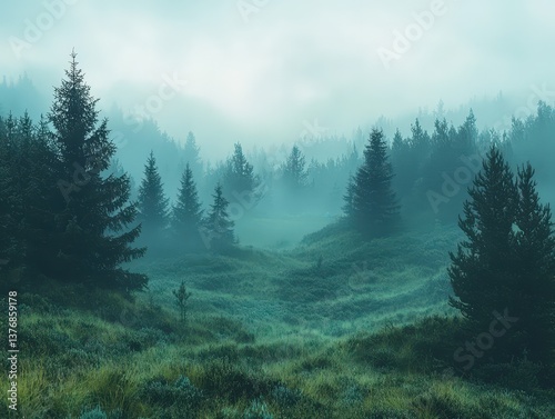 Brumous elevation countryside with mystical fir-tree timberland in haze