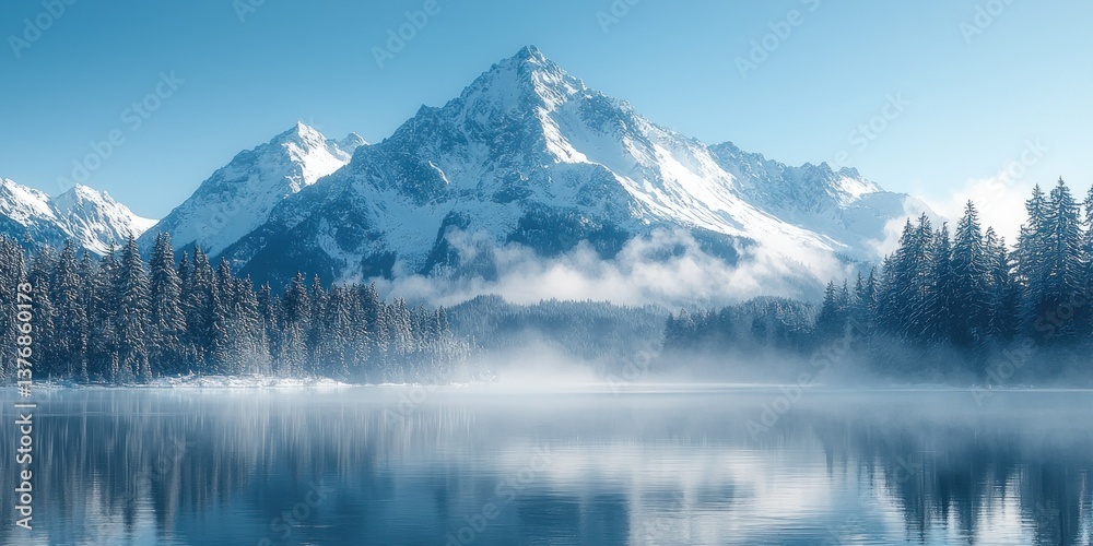 Serene winter landscape snow-capped mountains reflected in a calm lake, shrouded in mist Serene winter landscape snow-capped mountains reflected in a calm lake, shrouded in mist