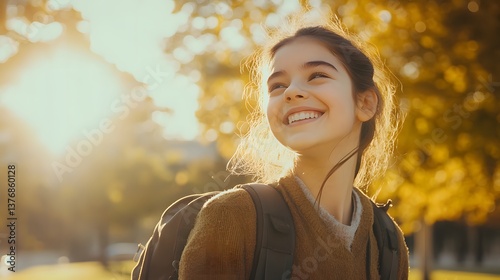 A bright young woman smiles hopefully into the sunlight, illuminated from behind by golden trees, wearing a backpack, and looking at something above.