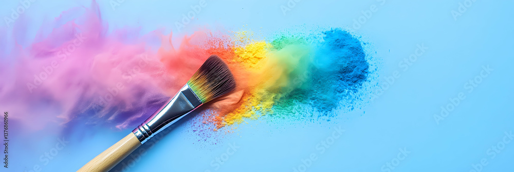 Fototapeta premium Colorful powder bursts from a makeup brush on a blue background creating a vibrant artistic effect