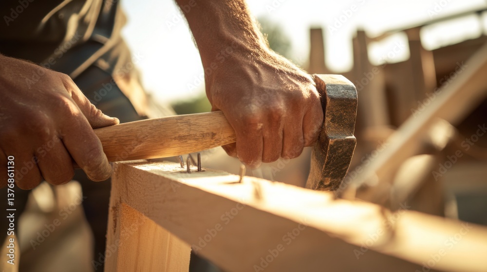 A construction worker using a hammer to drive nails into wood. Featuring craftsmanship and concentration A construction worker using a hammer to drive nails into wood. Featuring craftsmanship and concentration