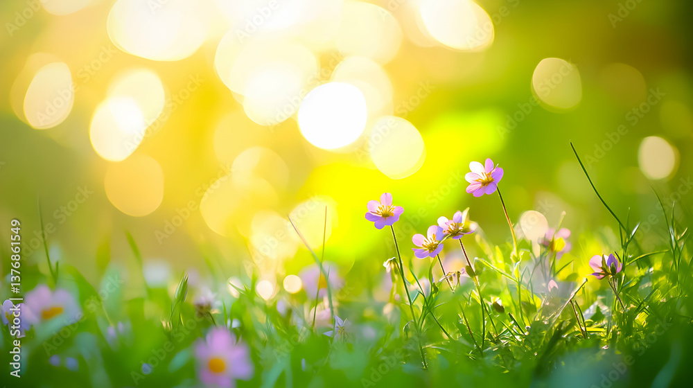 Obraz premium Blooming wildflowers in a sunlit meadow during springtime, creating a vibrant and tranquil atmosphere