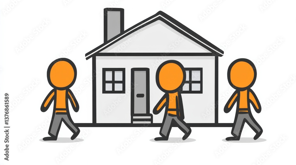 Group of Stylized Characters Walking Past a Simple House Illustrating Community, Interaction, and Daily Life in a Vibrant and Playful Style Group of Stylized Characters Walking Past a Simple House Illustrating Community, Interaction, and Daily Life in a Vibrant and Playful Style