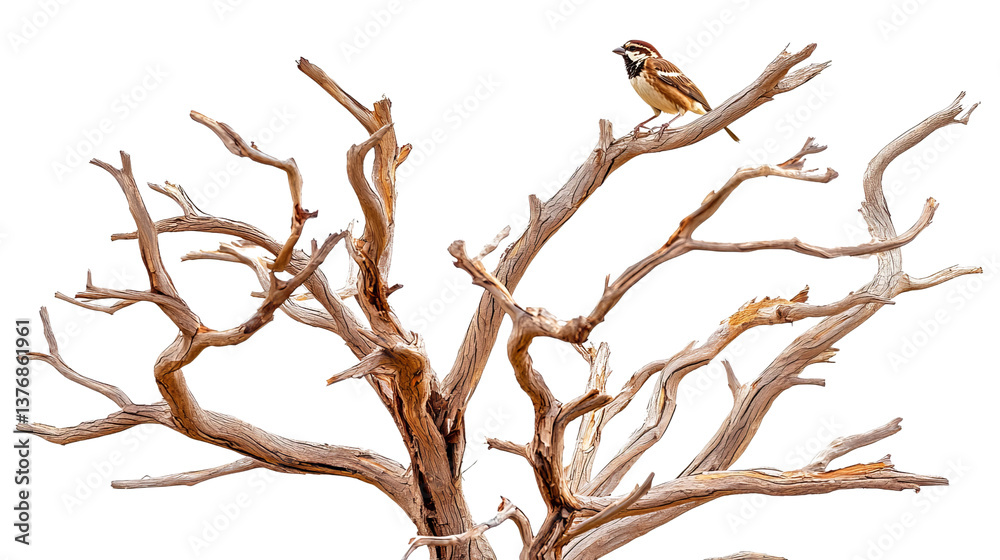 A sparrow perched on a twisted, lifeless tree branch, showcasing nature's resilience in an arid landscape. A sparrow perched on a twisted, lifeless tree branch, showcasing nature's resilience in an arid landscape.