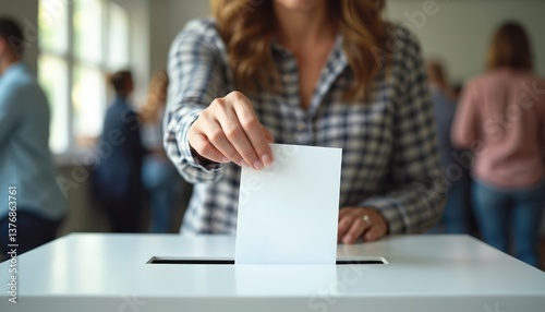 Woman hand casting vote. Person places ballot paper into ballot box at voting precinct. Democracy election concept, vote, freedom. Woman in plaid shirt at polling place. Citizens participation.