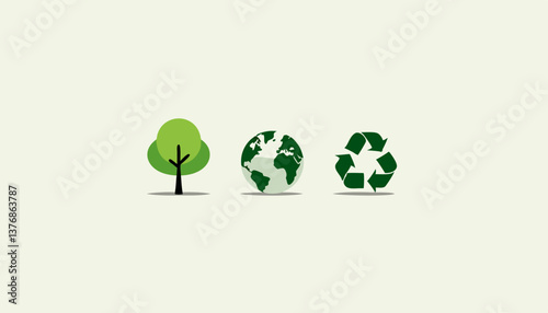 Tree, earth, and recycling symbols representing environmental care  