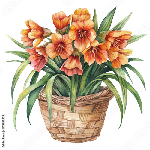 A watercolor of a crown imperial bouquet in a basket, isolated on a white background. Crown Imperial Bouquet in a Basket vector.

