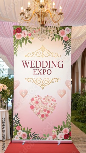 Elegant wedding expo banner displaying floral designs at a luxurious venue, inviting couples to explore wedding services and ideas for their special day
