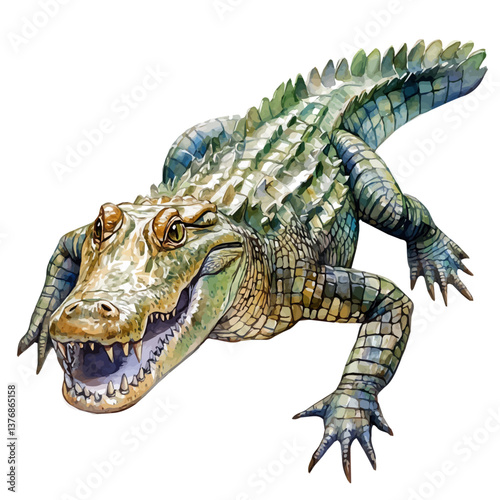 A watercolor of a crocodile, isolated on a white background. Crocodile vector.

