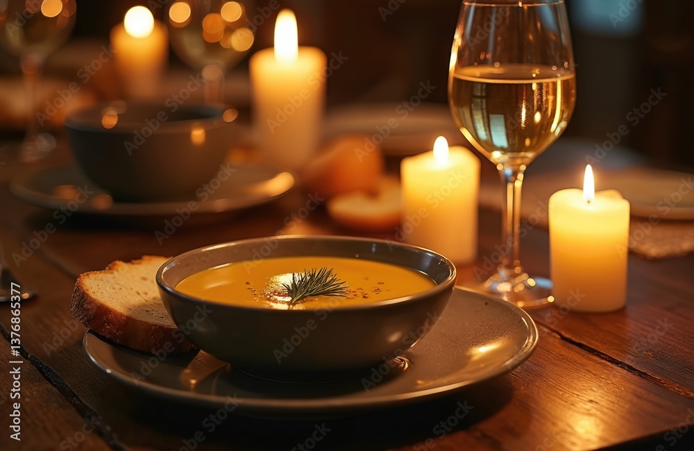 Obraz premium Romantic candlelit dinner with warm soup fresh bread wine glass. Cozy table setup. Dinner date, comfort food, gourmet cuisine, fine dining. Ambiance evokes warmth, relaxation.