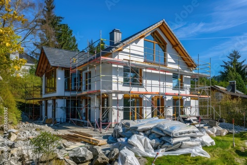 Exterior view of a new house in scaffolding under construction and painting.