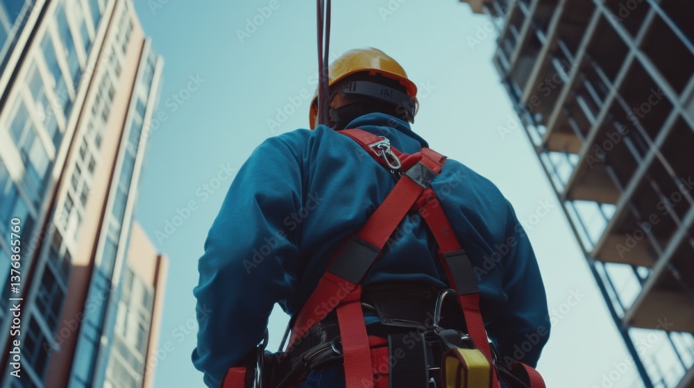 A construction worker wearing a safety harness while working on a building. Featuring safety and equipment A construction worker wearing a safety harness while working on a building. Featuring safety and equipment