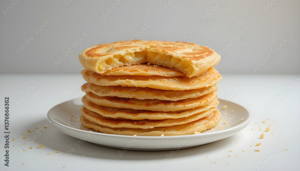 A stack of flaky Roti Canai resting on a white plate against a white background A stack of flaky Roti Canai resting on a white plate against a white background