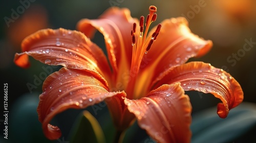 A hyper-realistic close-up of an exotic flower, with dew drops glistening on its petals, each petal reflecting light and shadow in a detailed manner, with a blurred background to emphasize the vibrant