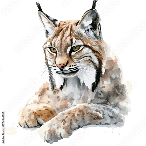 A watercolor of a bobcat, isolated on a white background. Bobcat vector.

