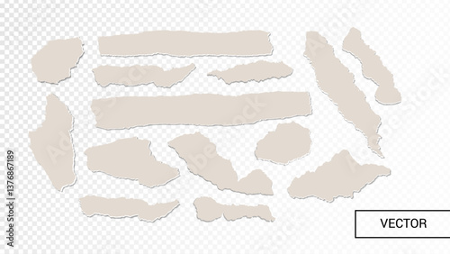 Off White Realistic Torn or Ripped Paper Strip Set with Grunge Edges. Vector Isolated Torn Notebook Empty Page, Scrap Note with Damaged Border. Sticky Scrapbook Newspaper Clip Art Banners