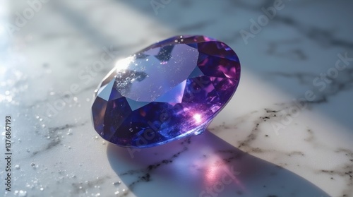 A hyper-realistic sapphire in the marble table with intricate details of the skin texture, the light reflecting off the sapphire, and small imperfections visible on the surfaces
