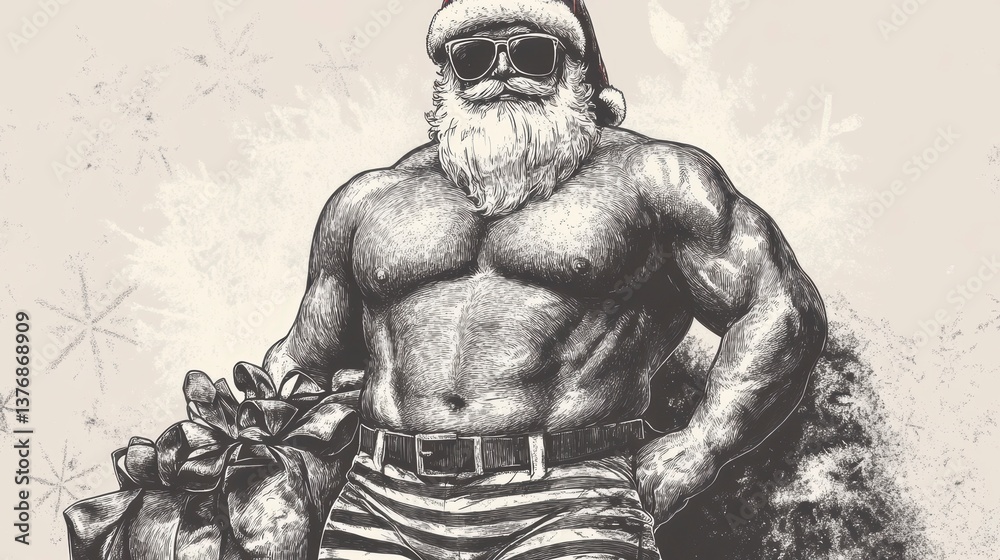 Obraz premium Muscular Santa Claus in sunglasses, holding a gift bag, Christmas.