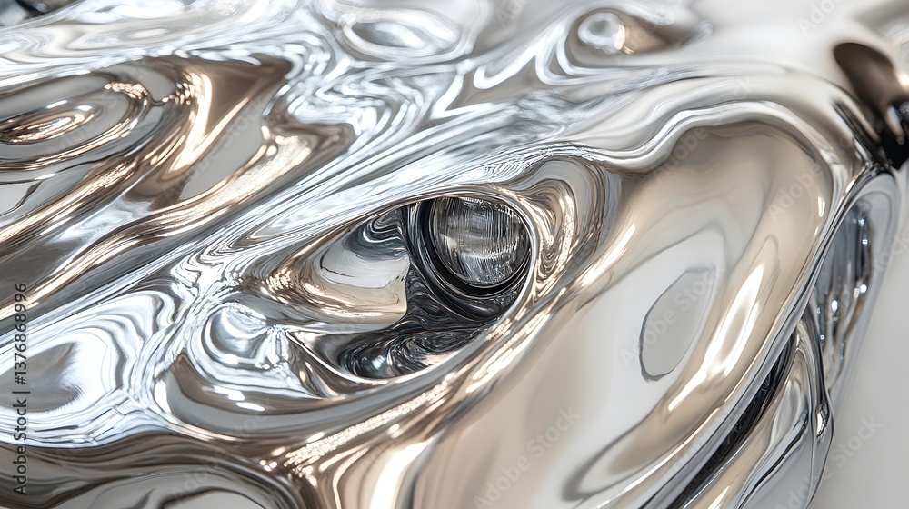 A close-up shot reveals a highly polished chrome surface with a distorted, liquid-like texture featu a headlight seamlessly integrated into the A close-up shot reveals a highly polished chrome surface with a distorted, liquid-like texture featu a headlight seamlessly integrated into the
