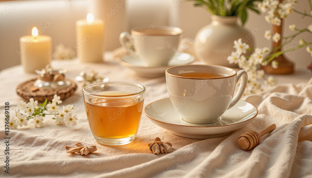 Elegant herbal tea setup with honey bowl on dining table, tranquility Elegant herbal tea setup with honey bowl on dining table, tranquility