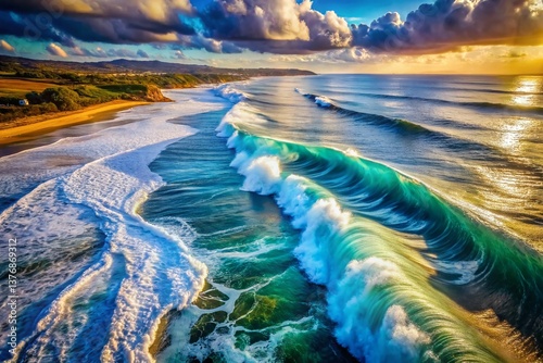 Aerial Drone Shot: Ocean Wave Diagrams, Coastal Dynamics, Surf Patterns, Water Texture