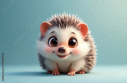 Cute cartoon hedgehog with big expressive eyes. Adorable animal character illustration on soft blue background. Fluffy fur, playful, charming. Perfect for children books, kids products, animation,