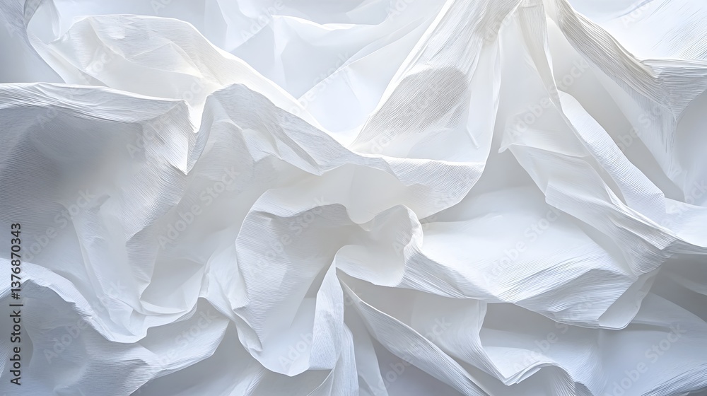 Fototapeta premium Abstract image of white crumpled fabric texture showing folds and creases with soft light and shadow interplay.