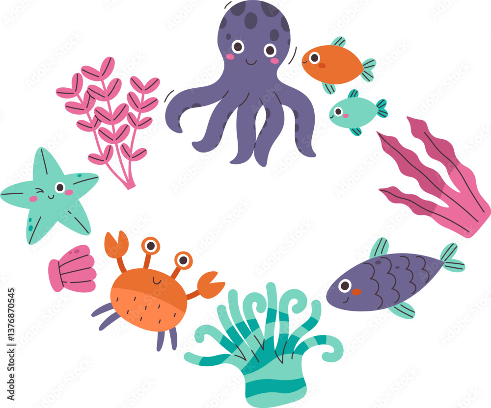 Naklejka premium Cute Underwater Sea Creatures Frame