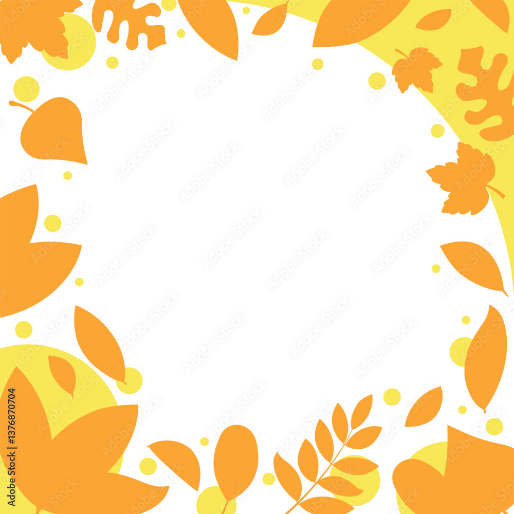 Flat Design Autumn Leafy Frame in Orange and Yellow Silhouette Style, with Various Leaves Surrounding a Transparent Center. Perfect for Seasonal Designs. Square Shape. Flat Design Autumn Leafy Frame in Orange and Yellow Silhouette Style, with Various Leaves Surrounding a Transparent Center. Perfect for Seasonal Designs. Square Shape.