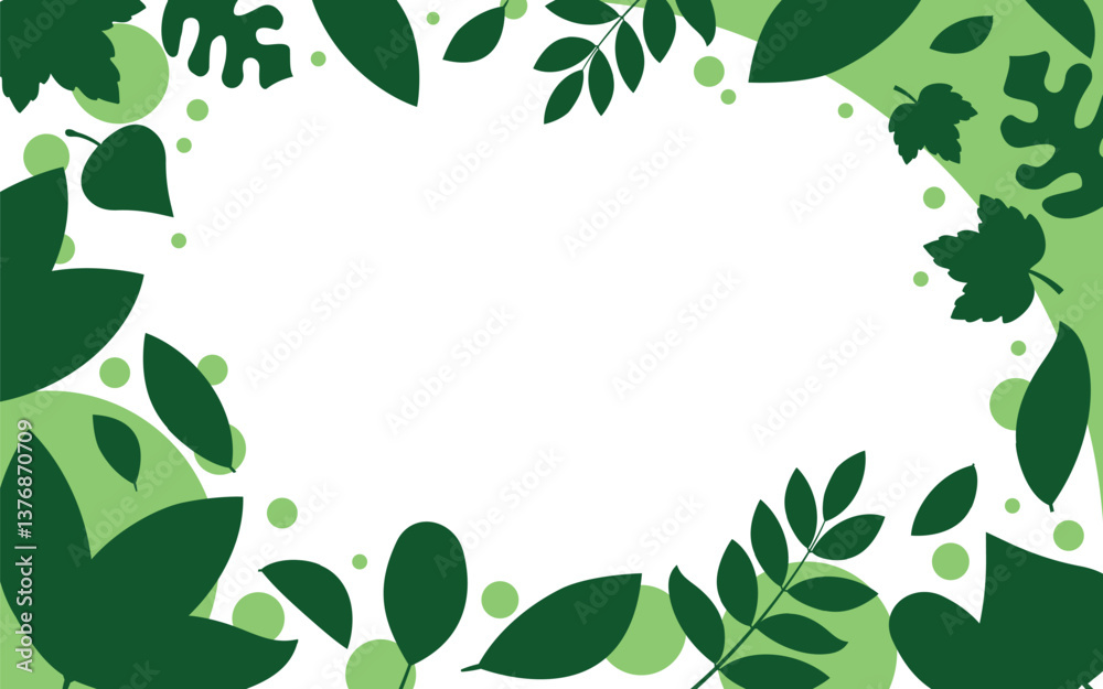 Obraz premium Flat Design Leafy Frame in a Two-Tone Green Silhouette Style, with Various Leaves Surrounding a Transparent Center. Perfect for Nature-Themed Designs. Rectangle Shape.