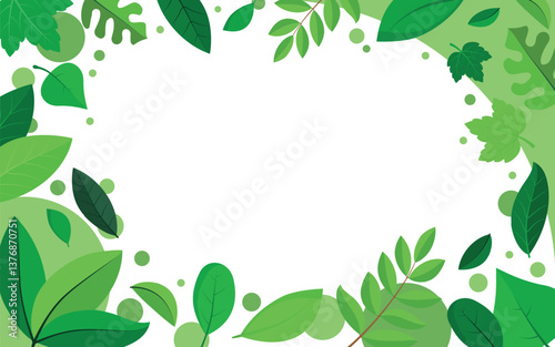 Leafy Frame in Rectangle Shape with Various Green Leaves Surrounding a Transparent Center. Ideal for Nature-Themed Designs, Invitations, or Backgrounds.