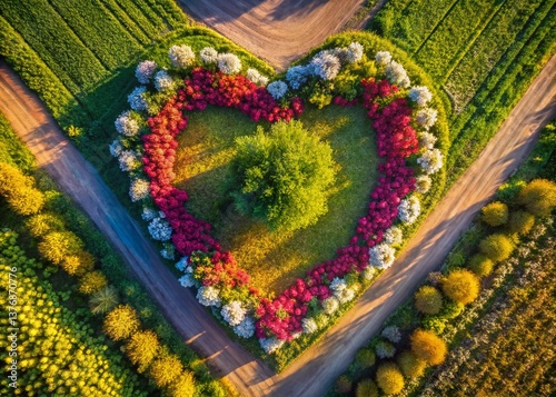 Aerial Heart Shape Landscape Drone Photography: Romantic Valentine's Day Love Concept