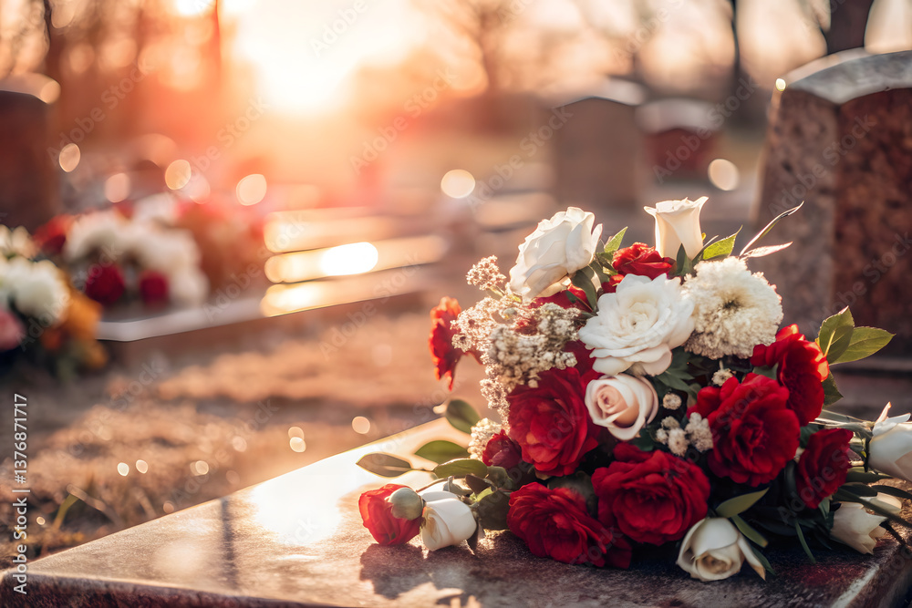 Obraz premium Serene Cemetery Sunset – Elegant Fresh Floral Tribute & Timeless Remembrance. 