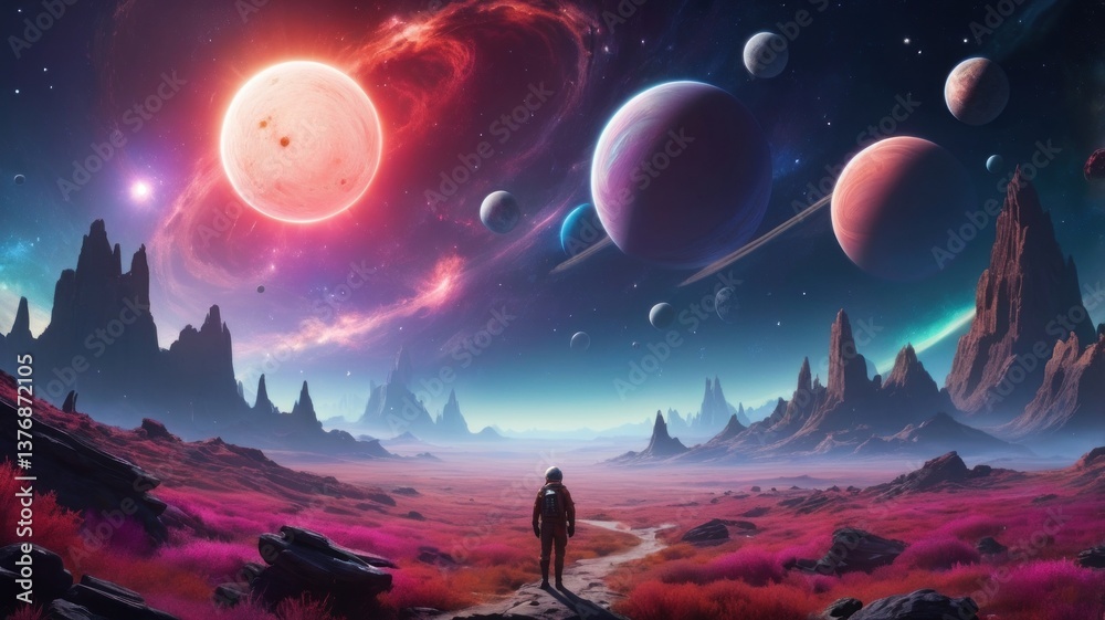 Fototapeta premium Astronaut Exploring Alien Planet Landscape with Planets and Nebula