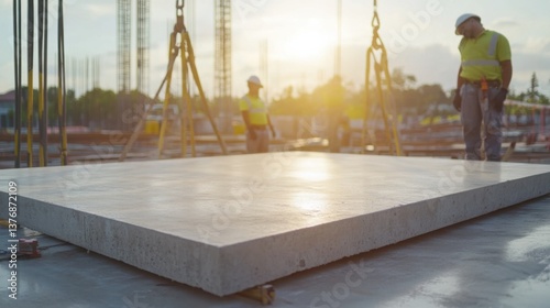 A team lifting a concrete slab at a construction site. Featuring physical labor and teamwork