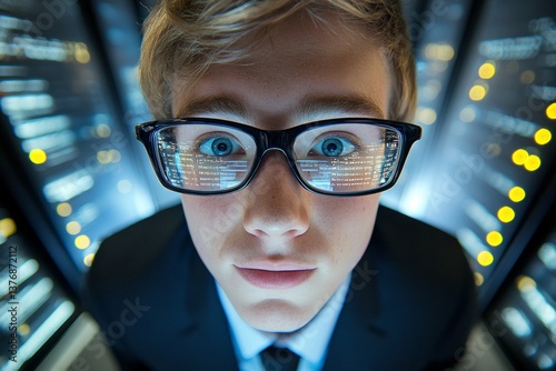Enthusiast caucasian young man in a corporate wear, analytics reflections in his glasses. Network engineer looks smiling widely at the led panel, in dark it infrastructure. Idea of it. photo
